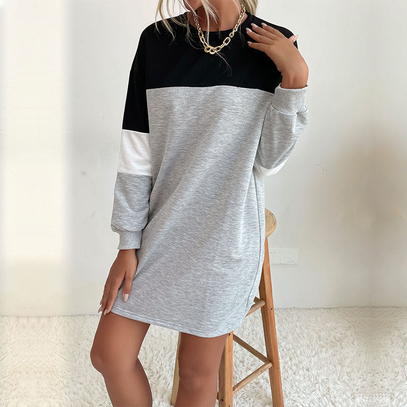 New Autumn New Women's Round Neck Straight Skirt Match Color Casual Medium Long Pullover Hoodie Dress