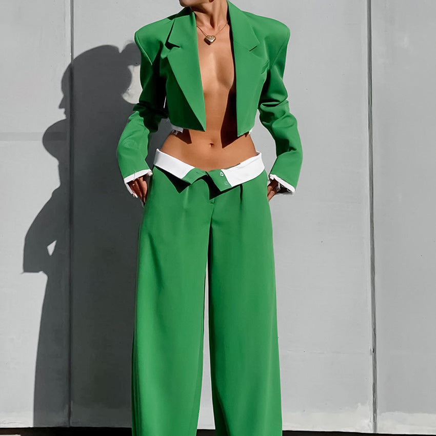 Fashion Long-Sleeved Short Top Broadfoot Trousers Two-Piece Autumn Suit Collar Shoulder Pad Color Pants Suit For Women