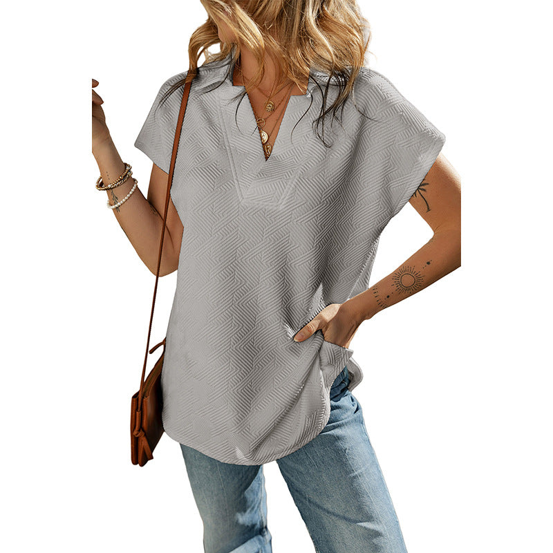 Summer New Solid Color V-Neck Short-Sleeved T-Shirt Women Fashion Personality Under The Spread Fork Jumper Woman