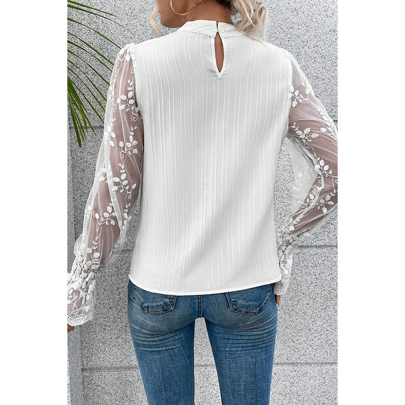 Spring New Solid Color Chiffon Shirt Woman Thin Sweet Wind Lace Ruffled Sleeve Blouse Woman