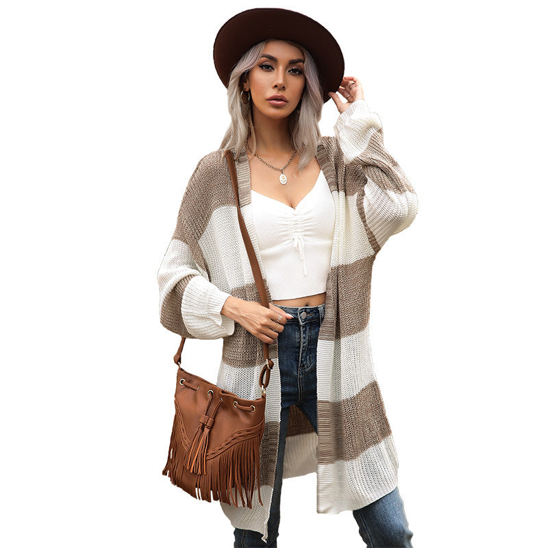 Autumn Women's Long Splicing Long Sleeve Knitted Sweater Coat Women