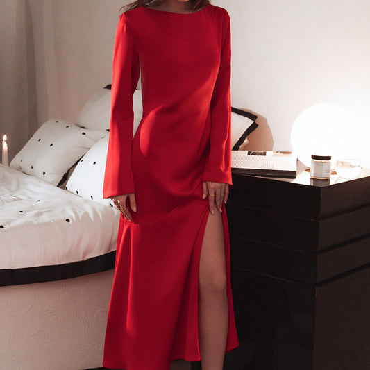 Sexy Acetate Color T-Horn Sleeve Side Slit Dress New Spring Fashion