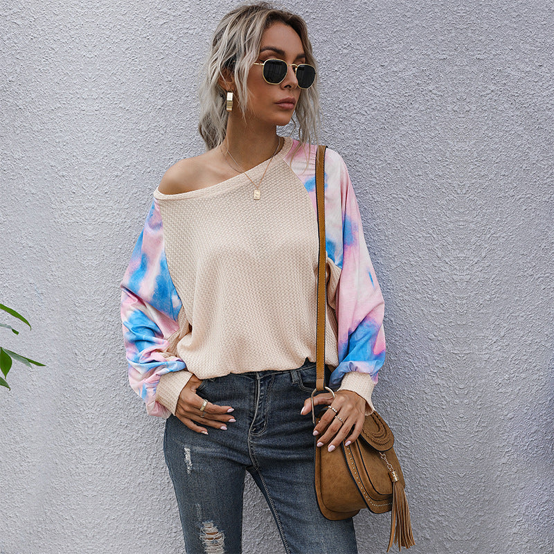 Loose Top Fashion Casual Crew-Neck Splicing Long-Sleeved Tie-Dyed White T-Shirt