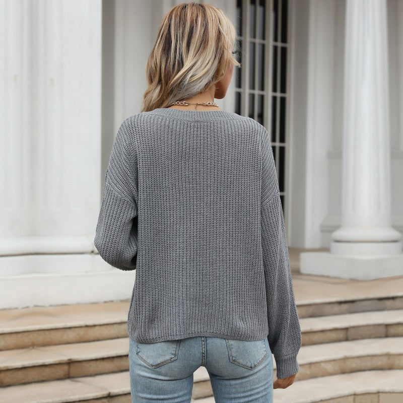 Early Autumn Fashion Women's V-Neck Long-Sleeved Gray Sweater Loose Outside