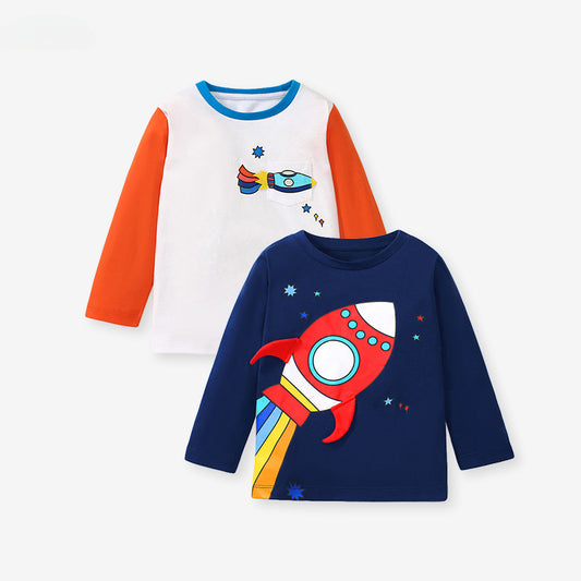 Children's T-Shirt Cartoon Rocket Boy Top Cotton Children's Autumn Children's T-Shirt