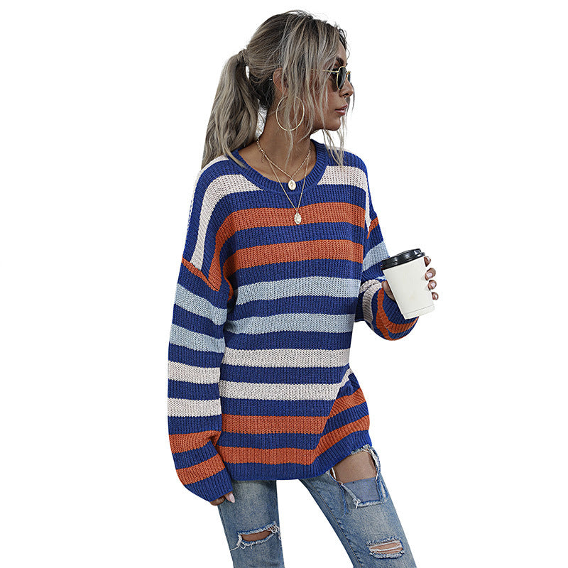 Long Striped Round Neck Knitted Sweater for Women