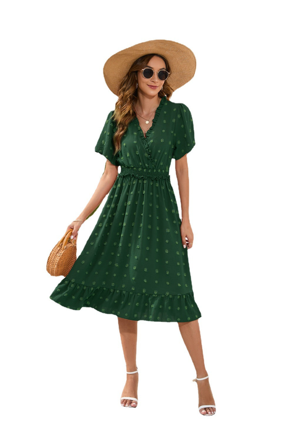 V-Neck High-Waist Lace-Up Dress Hairball Short-Sleeved Dress Casual Holiday Travel Skirt