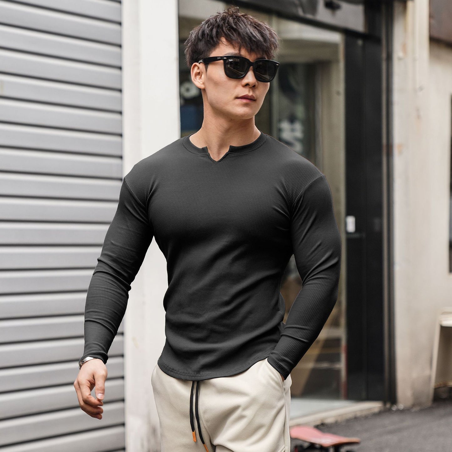 Autumn New Men's Long Sleeve T-Shirt Arc Hem Thread Fabric Comfortable Breathable Casual Clothing Outdoor Sports