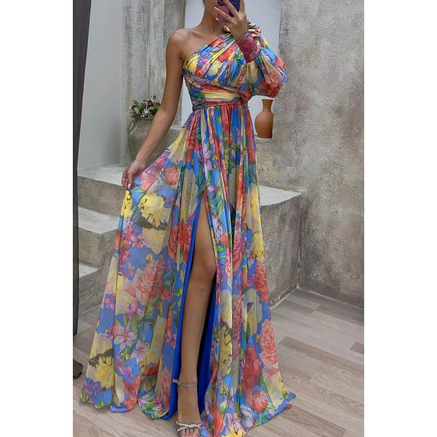 Autumn And Winter Party New Casual Split Dress Loose Multi-Color Oblique Shoulder Dress