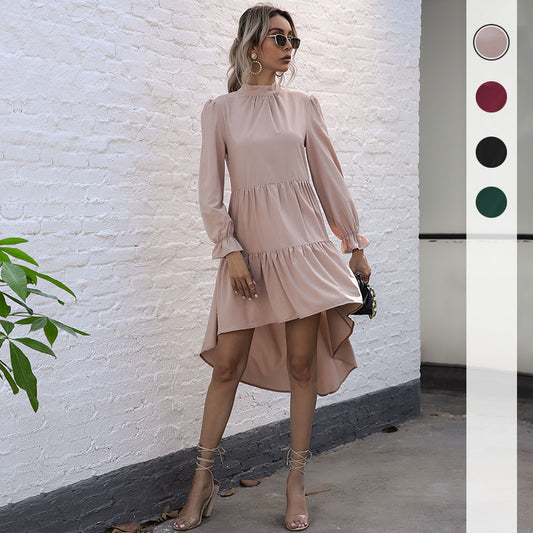 Selling Fashion Women's Solid Color Long-Sleeved Irregular Semi-High-Neck Dress