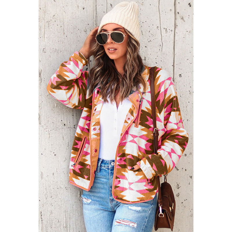 Fleece Jacket Women Winter New Geometric Print Long-Sleeved Coat Women