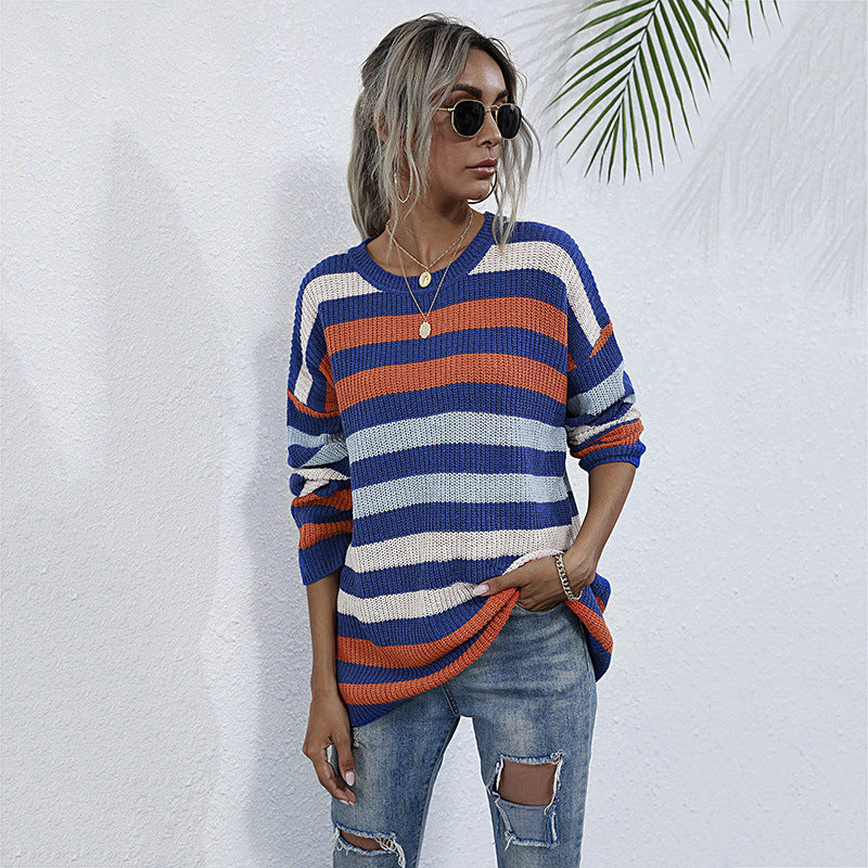 Long Striped Round Neck Knitted Sweater for Women