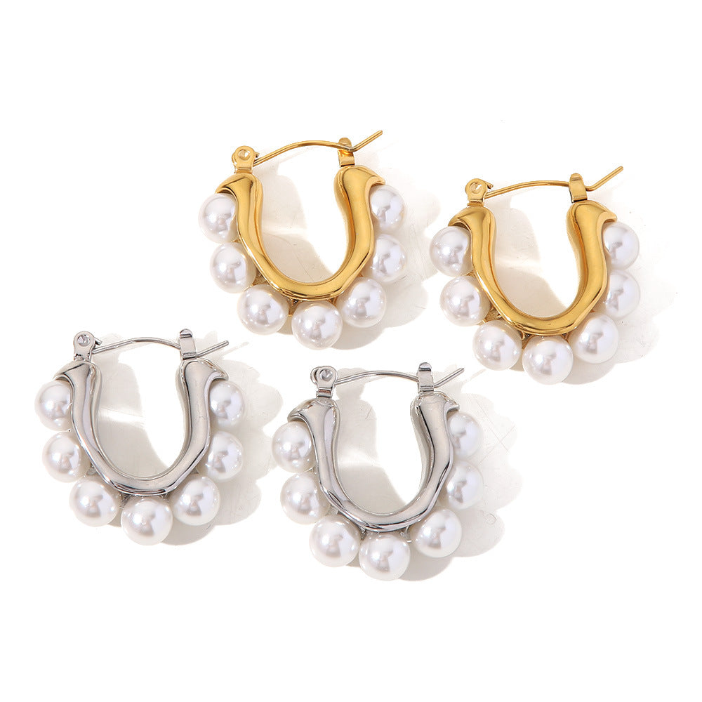 5pcs Titanium Steel Earrings 18K Gold/Steel Color Stainless Steel Set With White Pearl Earrings Jewelry