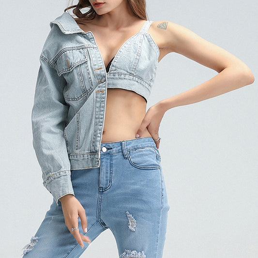 Niche Asymmetrical Denim Top Spring New Fashion Temperament Sexy Lapel Waist Waist Denim Coat