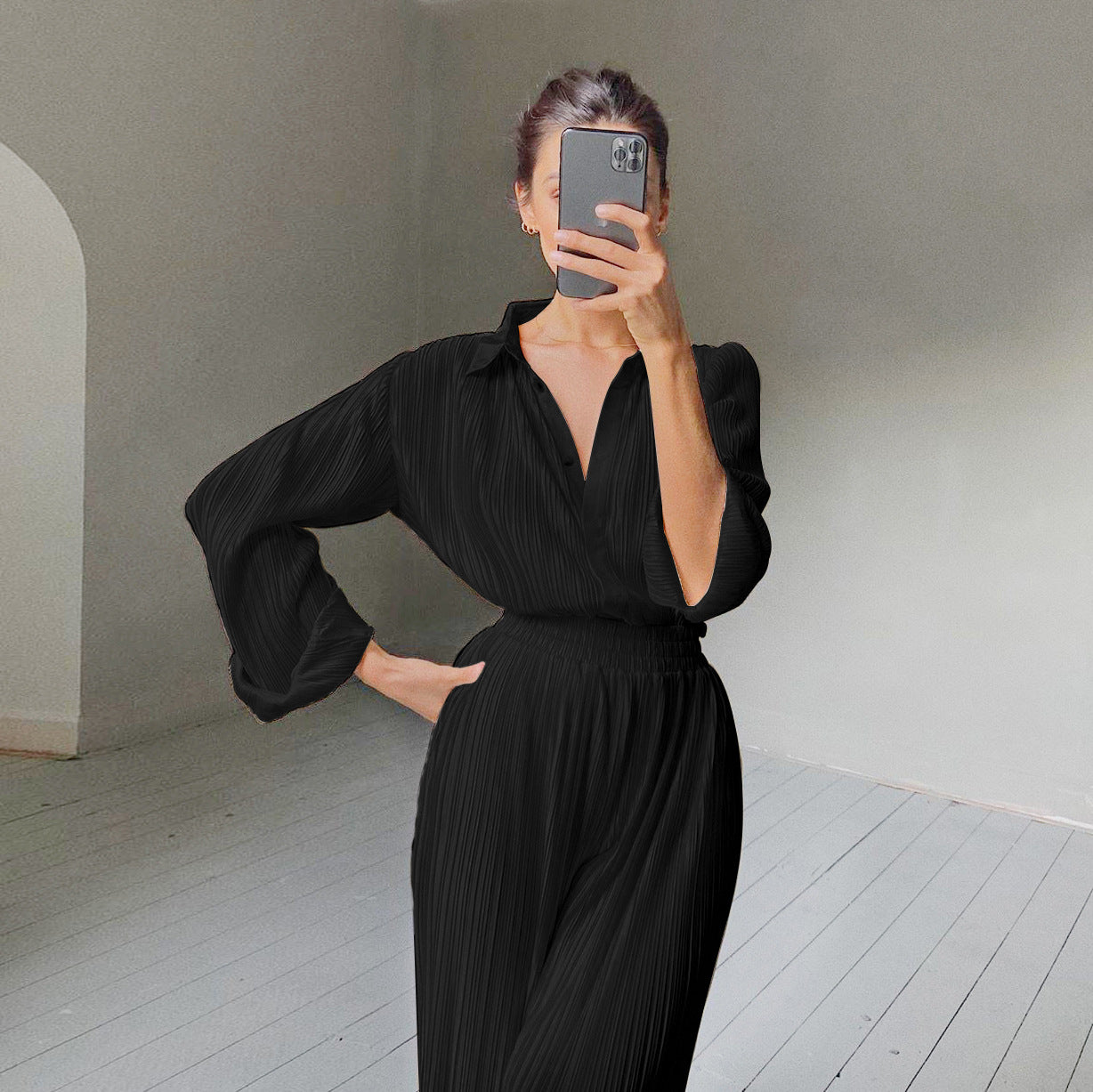 Autumn And Winter New Long-Sleeved Lapel Pleated Shirt Women's Wide-Leg Floor-Length Pleated Pants Suit Solid Color