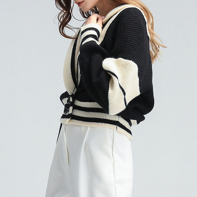 Sweater New Fashion Cardigan Black And White Color Patchwork Bat Sleeve Loose Knit Shirt Top Woman