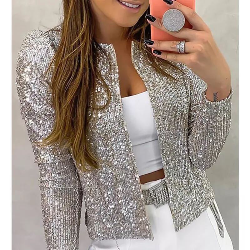 Spring New Women's Fashion Stand Collar Matching Color Sequin Coat Short Casual All-Matching Small Coat