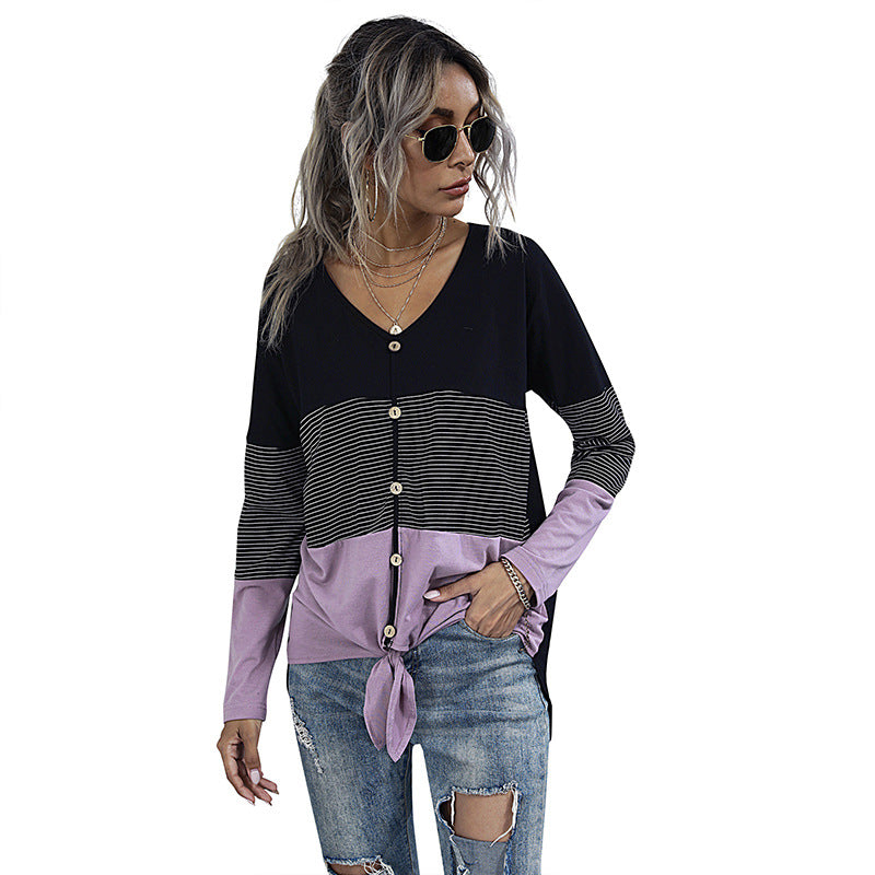 Women's Clothing Loose Shirt Long Sleeve Stitching Striped V-Neck T-Shirt Women Fashion Trend