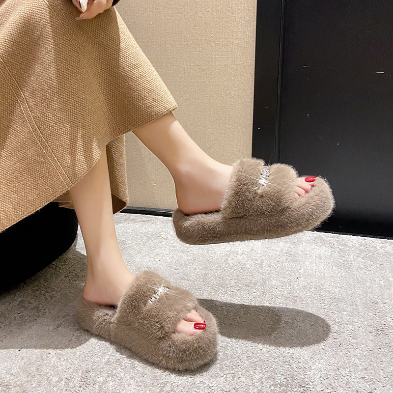 Thick Bottom Increase Fluffy Slippers Women's Shoes To Wear New Autumn And Winter Fashion Sponge Plush Cotton Slippers