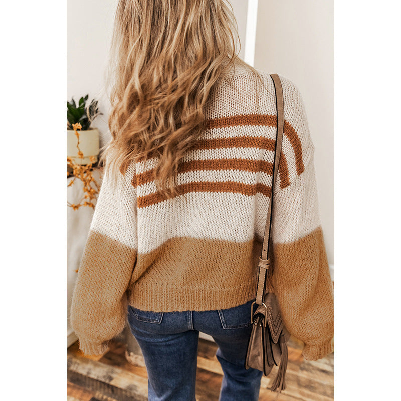 Winter New Striped Color Cardigan Sweater Women Casual Lazy Wind Down Shoulder Knit Cardigan Woman