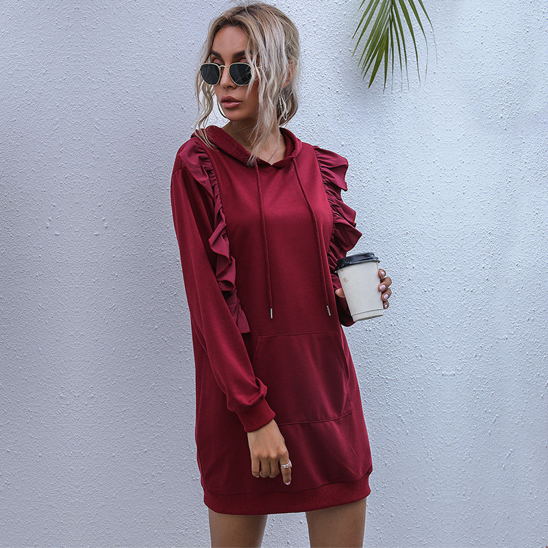 New Long Sleeve Hoodie Women's Long Ruffled Patchwork Hoodie