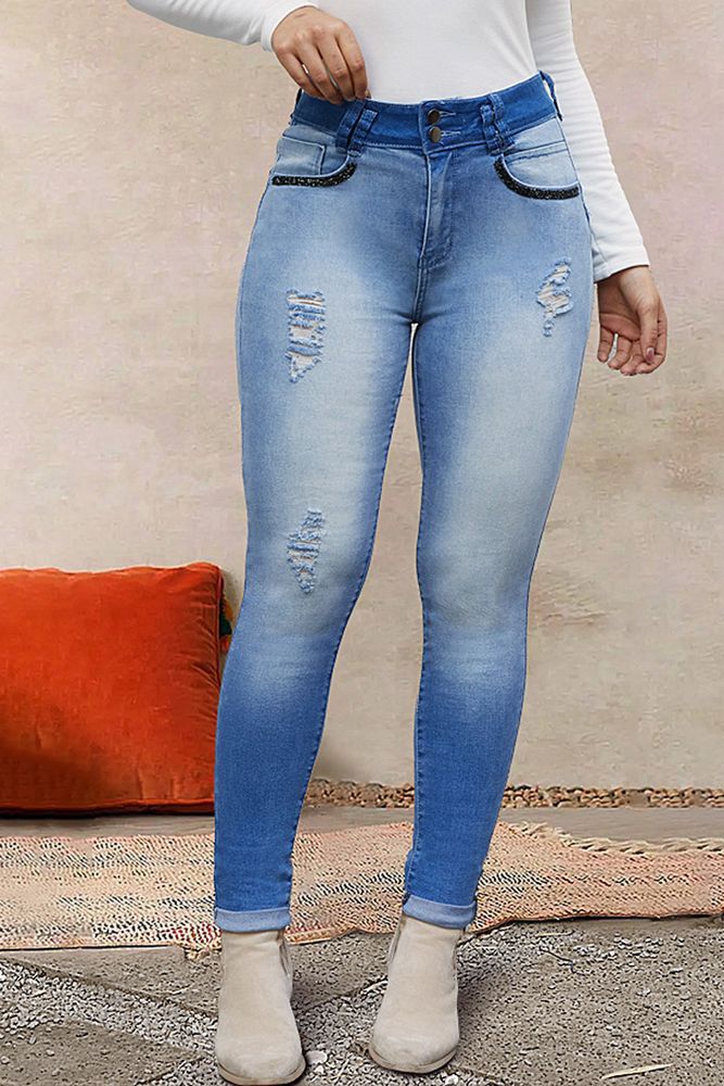 Ripped Button Front Roll Up Hem High Waist Skinny Jeans