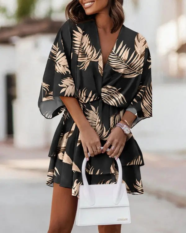 New Autumn V-Neck Loose Bat-Sleeve Print Dress For Women