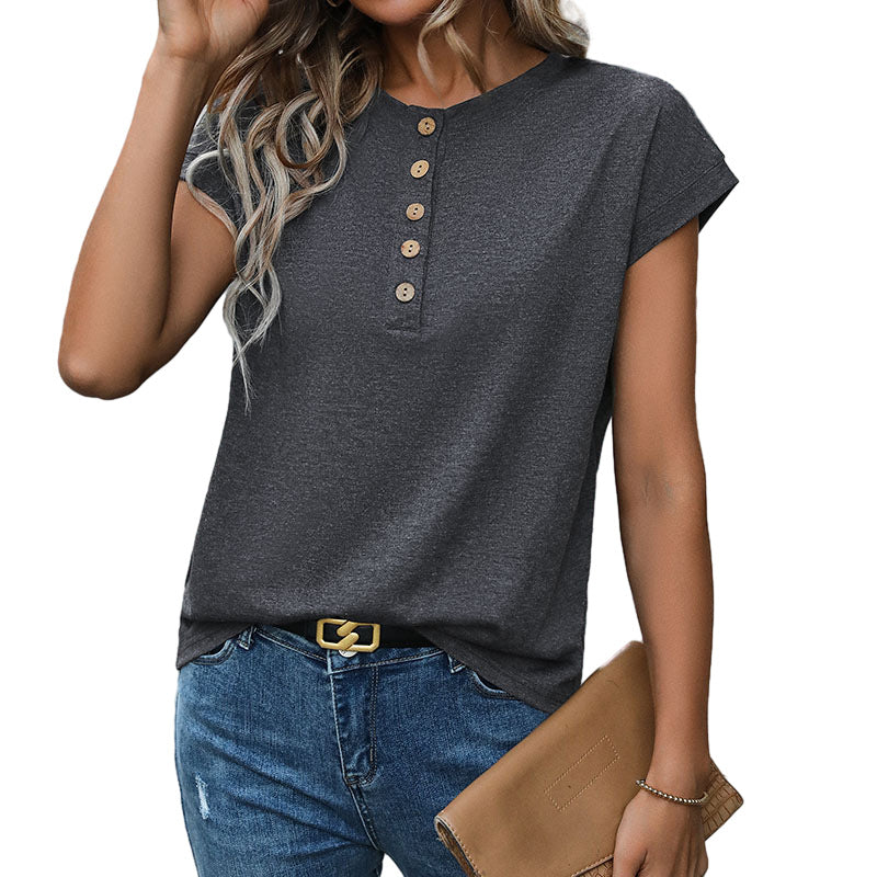 Spring And Summer New Button Plain T-Shirt Women's Blouse Solid Color Basic T-Shirt