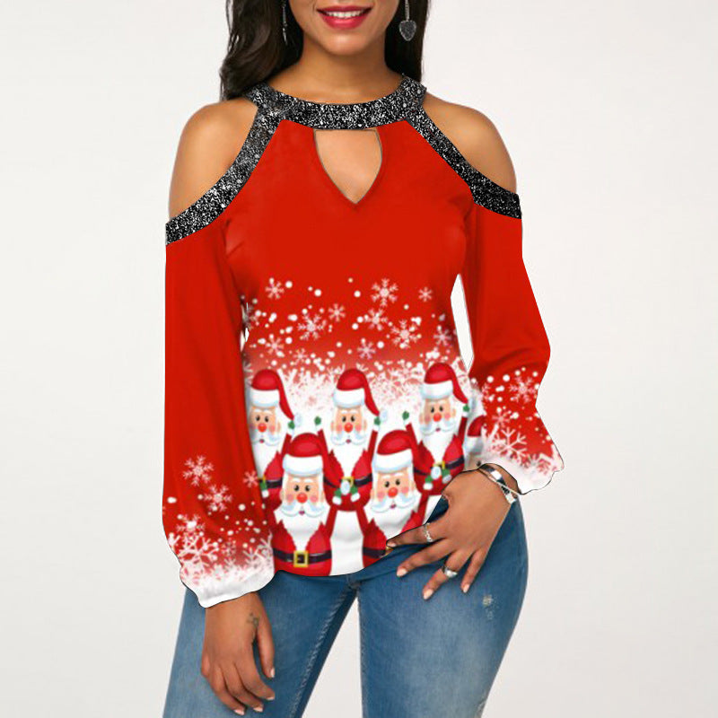 Christmas Print Flared Sleeve Off-Shoulder Round Neck Casual Long Sleeve T-Shirt For Women