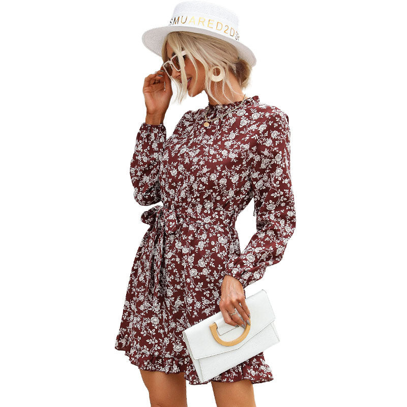 Fashion Women's Early Autumn Semi-High-Neck Long-Sleeved Printed Dress Femininity