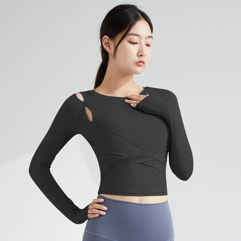 Breathable Yoga Top Women Long Sleeve Waist Slimming Outdoor Running Sports T-Shirt Cross Back Quick Dry Fitness Clothing