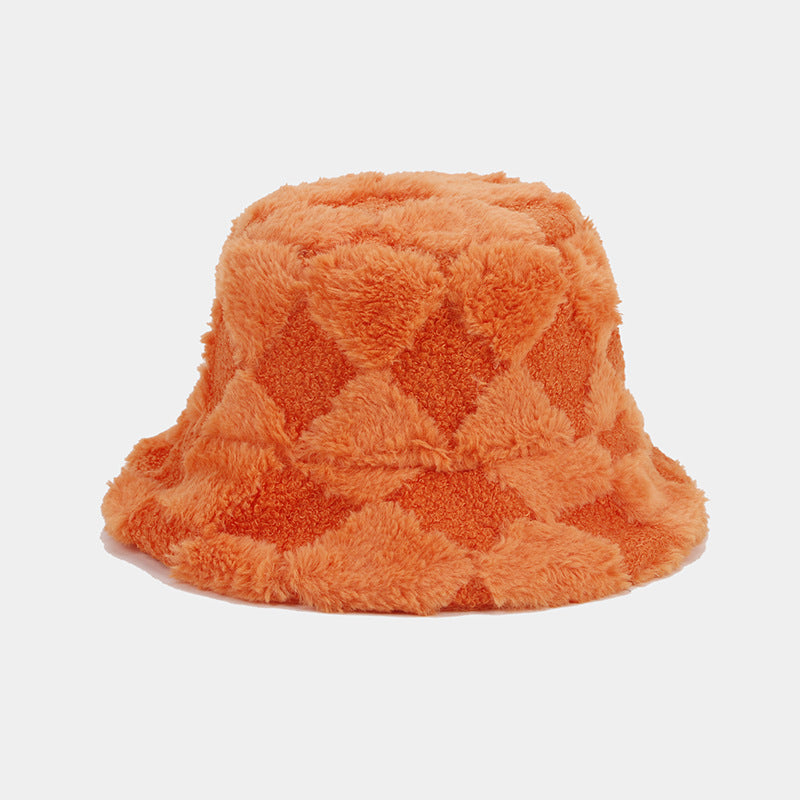 Diamond Check Fuzzy Fisherman Hat Ladies Simple Warm Sun Hat Tide