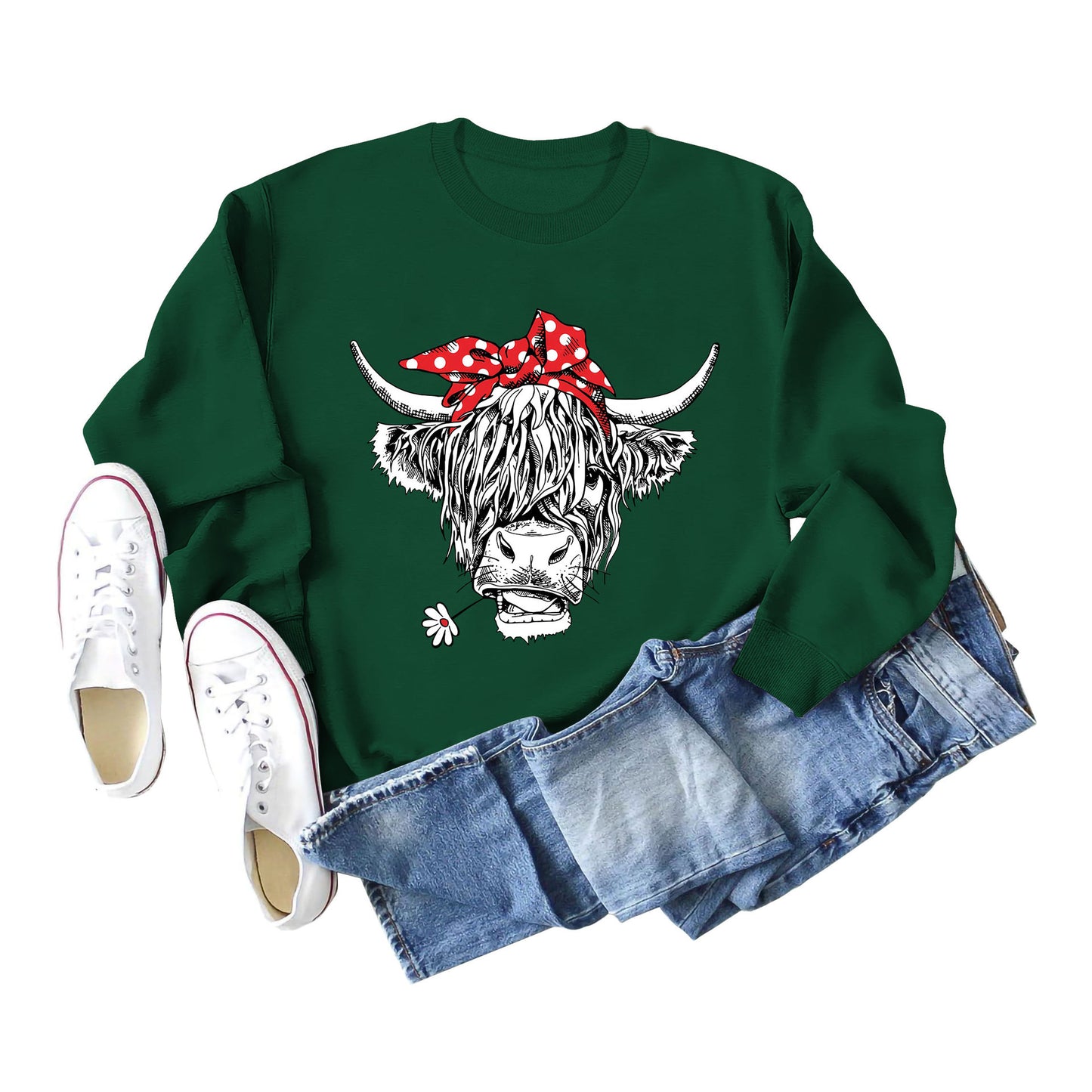 Casual Long Sleeve Crewneck Red Bow Cow Fun Print Loose Women's Hoodie