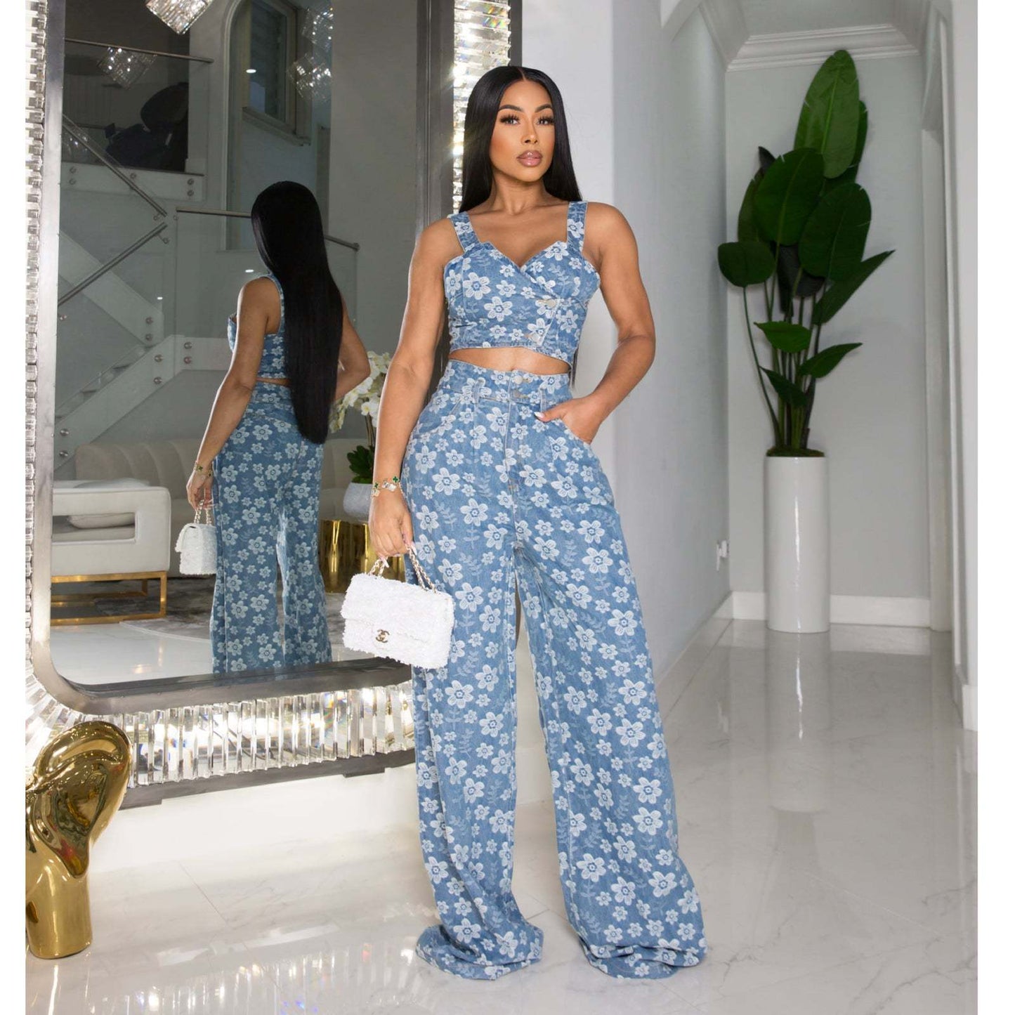 Autumn And Winter Women'sFashion Denim Jacquard Set Ins Nightclub Wrap Top Wide-Leg Trouser Set