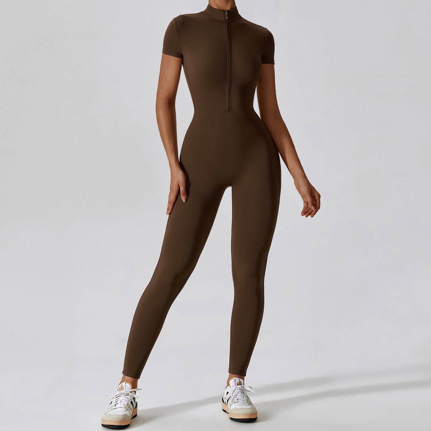 Zipper Short-Sleeved Nude Yoga Jumpsuit Female Bodybuilding Sports Bodysuit