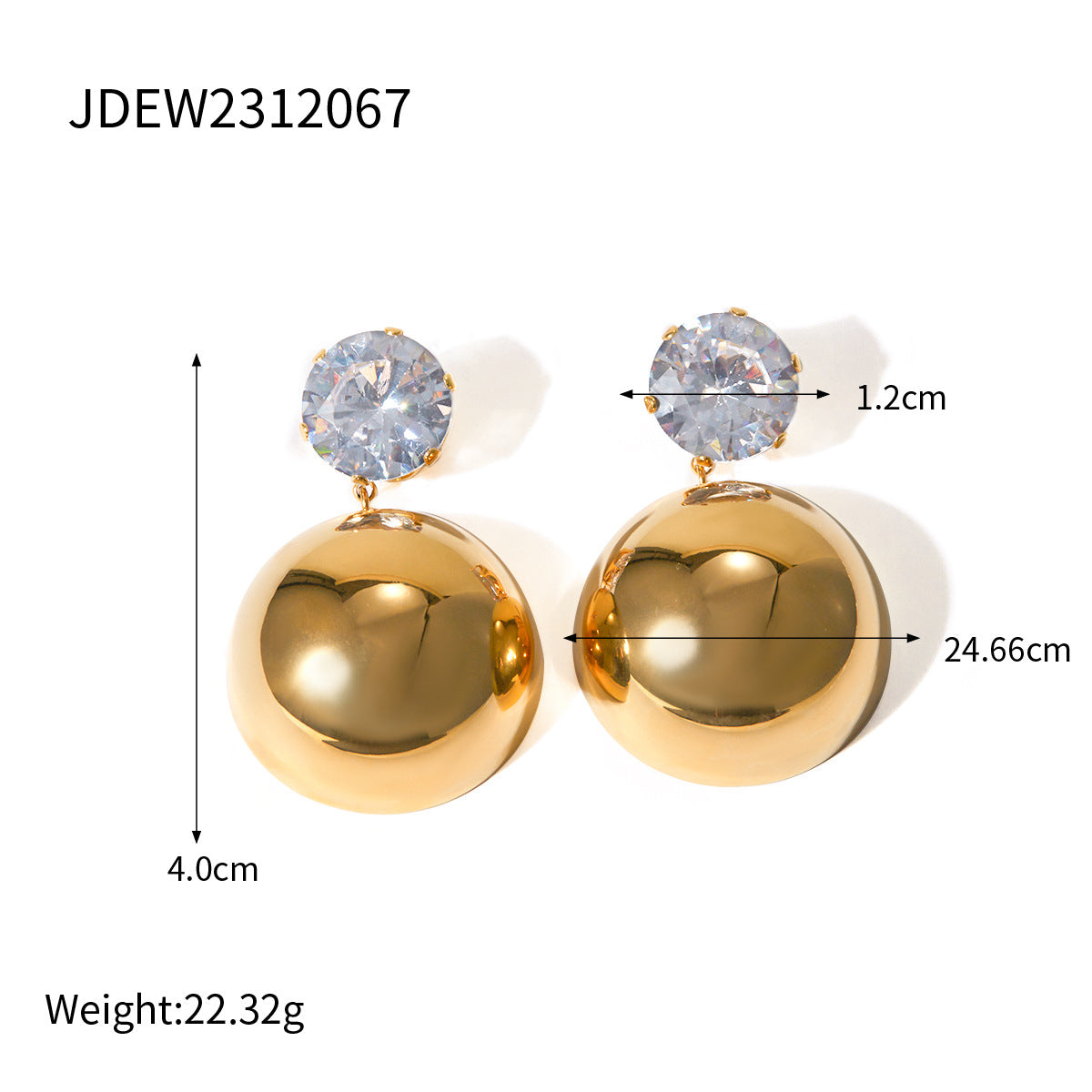 5pcs 18K Gold Stainless Steel Encrusted Zircon Hemisphere Pendant Earrings Earrings Jewelry