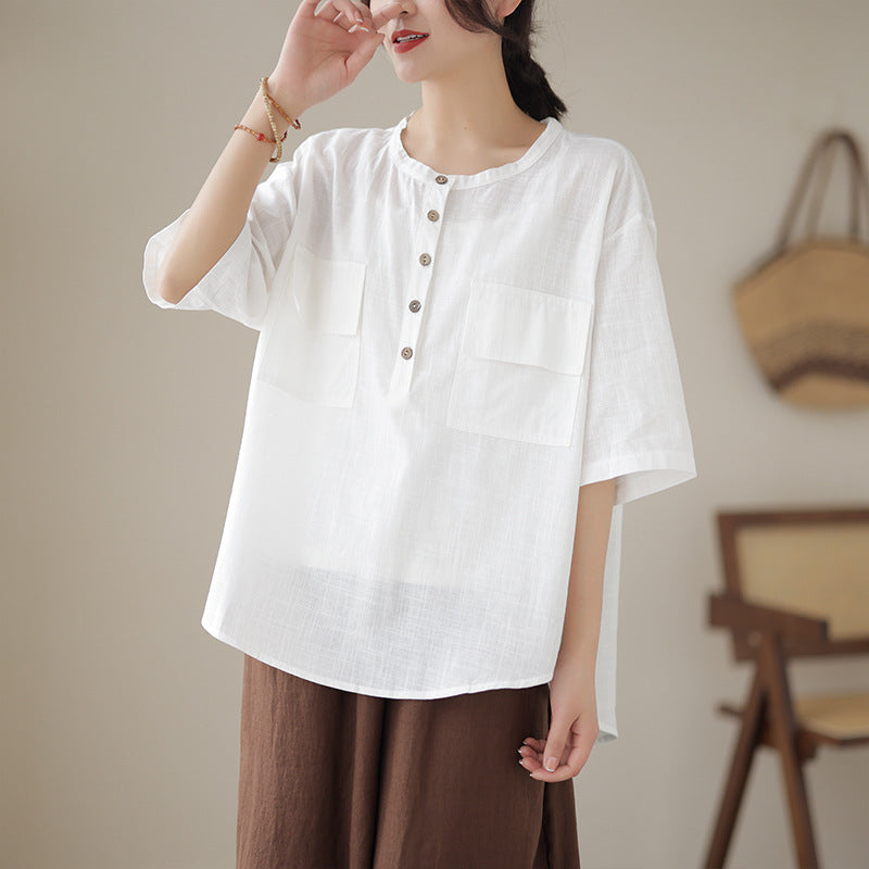 Linen Shirt Woman Summer Collar Large Size Loose Casual Shirt Short Sleeve Blouse Fat T-Shirt Woman