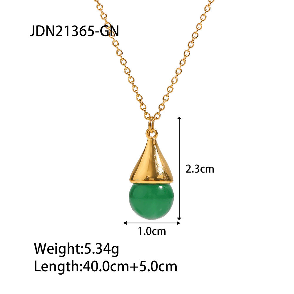 5pcs Gold Drop Necklace Does Not Fade Titanium Steel Neo-Retro Style Geometric Inlaid Green Natural Stone Pendant Necklace