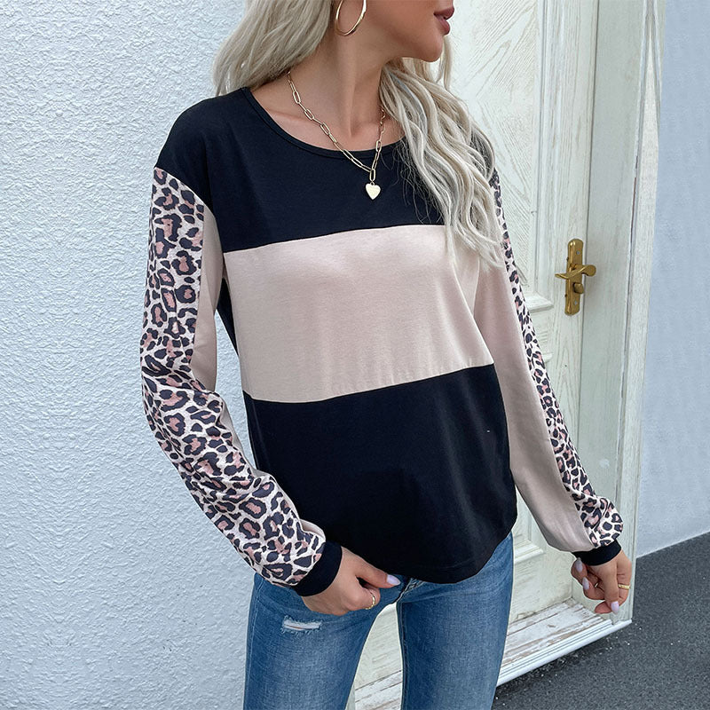 Autumn New Fashion Loose Casual Jacket Leopard Print Splicing Long-Sleeved T-Shirt Woman