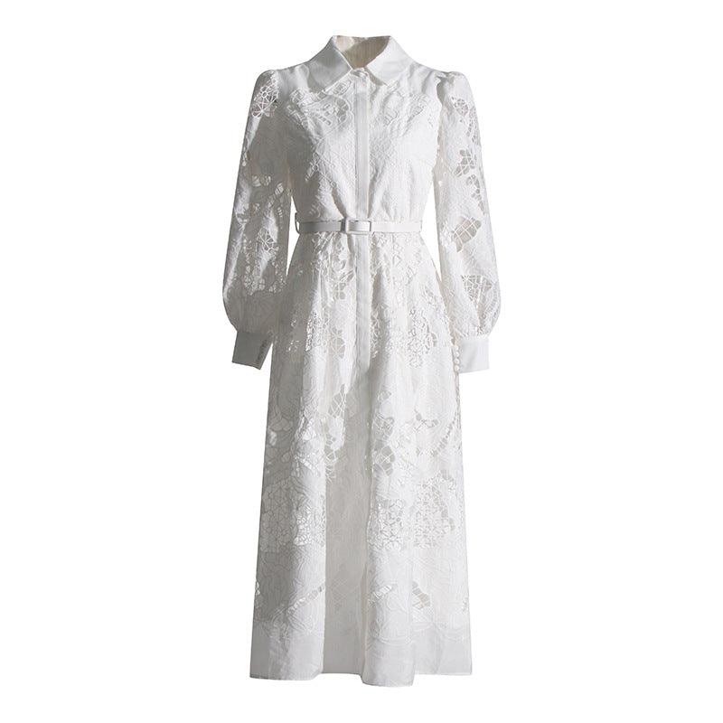 Retro Style Spring New Lapel Long Lantern Sleeve In The Long Embroidery Hollow Solid Color Dress Woman