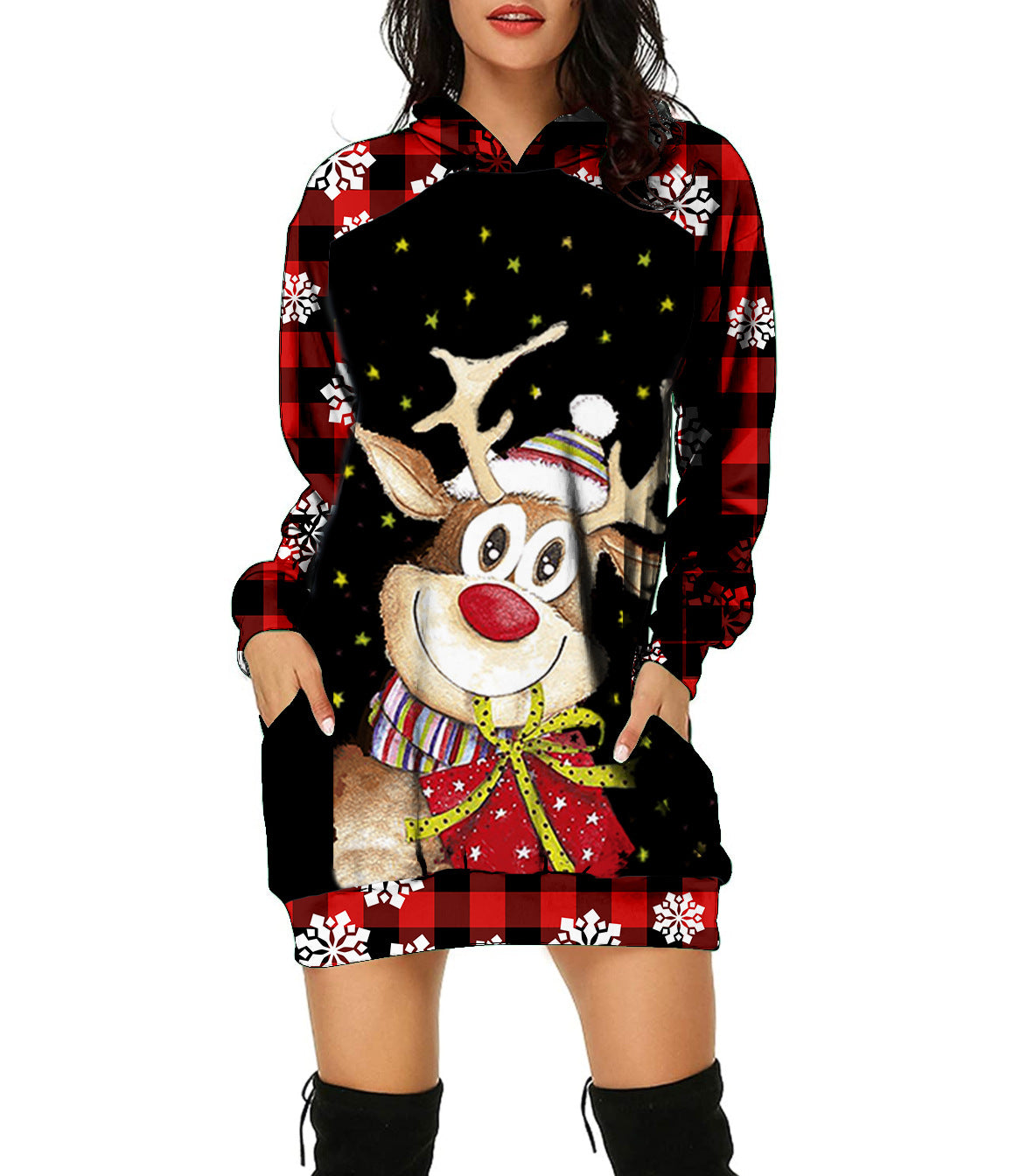 New Christmas Hoodie Moose 3D Printed Long Hoodie Autumn Loose Hoodie Dress