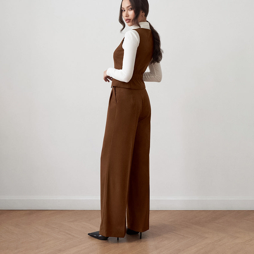 Autumn Fashion Casual Suit With Solid Color Sleeveless V-Neck Vest Straight Trousers Two-Piece Women