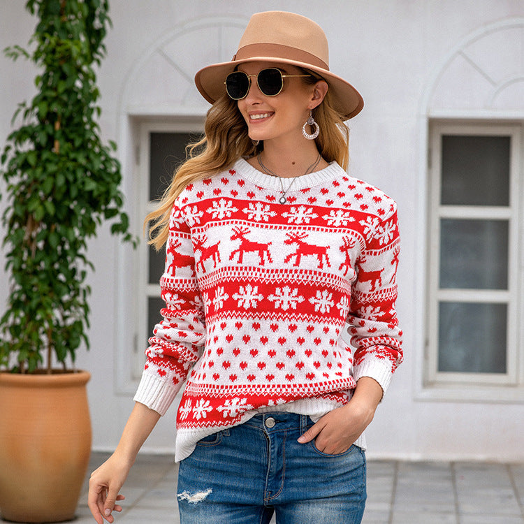 Autumn Winter Fast Sell Sweater Women Christmas Red Round Neck Deer Snowflake Pullover Sweater