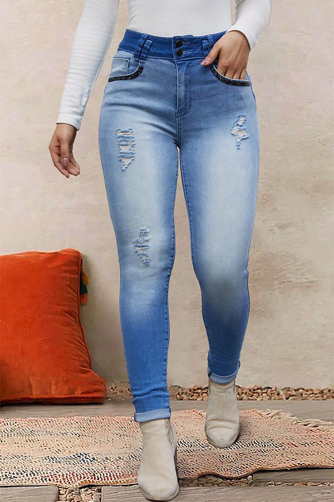 Ripped Button Front Roll Up Hem High Waist Skinny Jeans