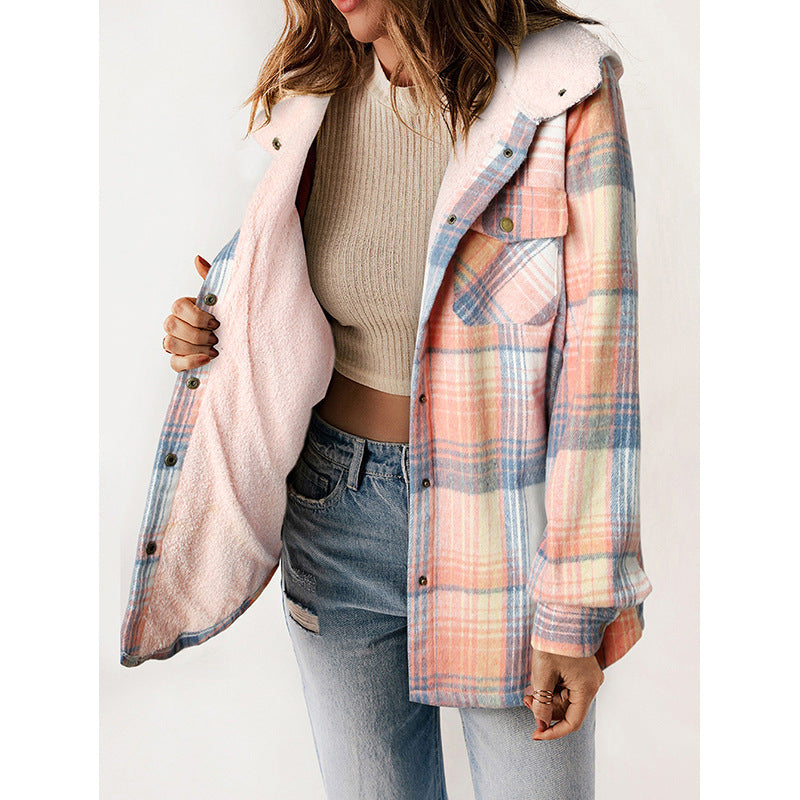 Winter New Casual Plaid Hooded Coat Woman Thick Plus Fleece Warm Jacket Woman