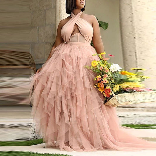 Supply Large Size Women's Dress Evening Gown Wedding Pink Neckline Dress Large Swing Gauze Skirt