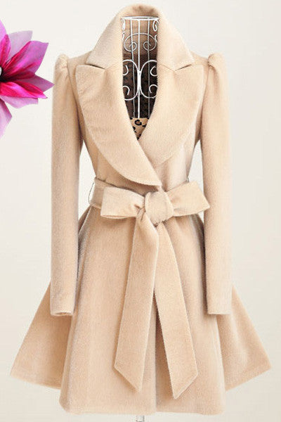 Women's Woolen Coat Belted Slim Tweed Coat Trench Coat