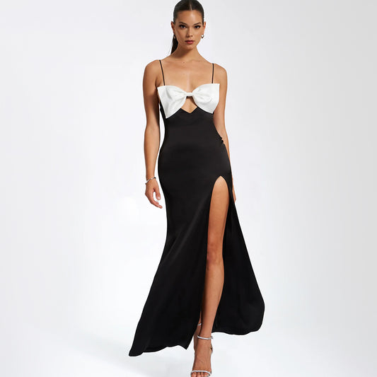 Women's New Bow Halter Dress Christmas Dress Sexy Backless Slit Long Skirt Dress Skirt