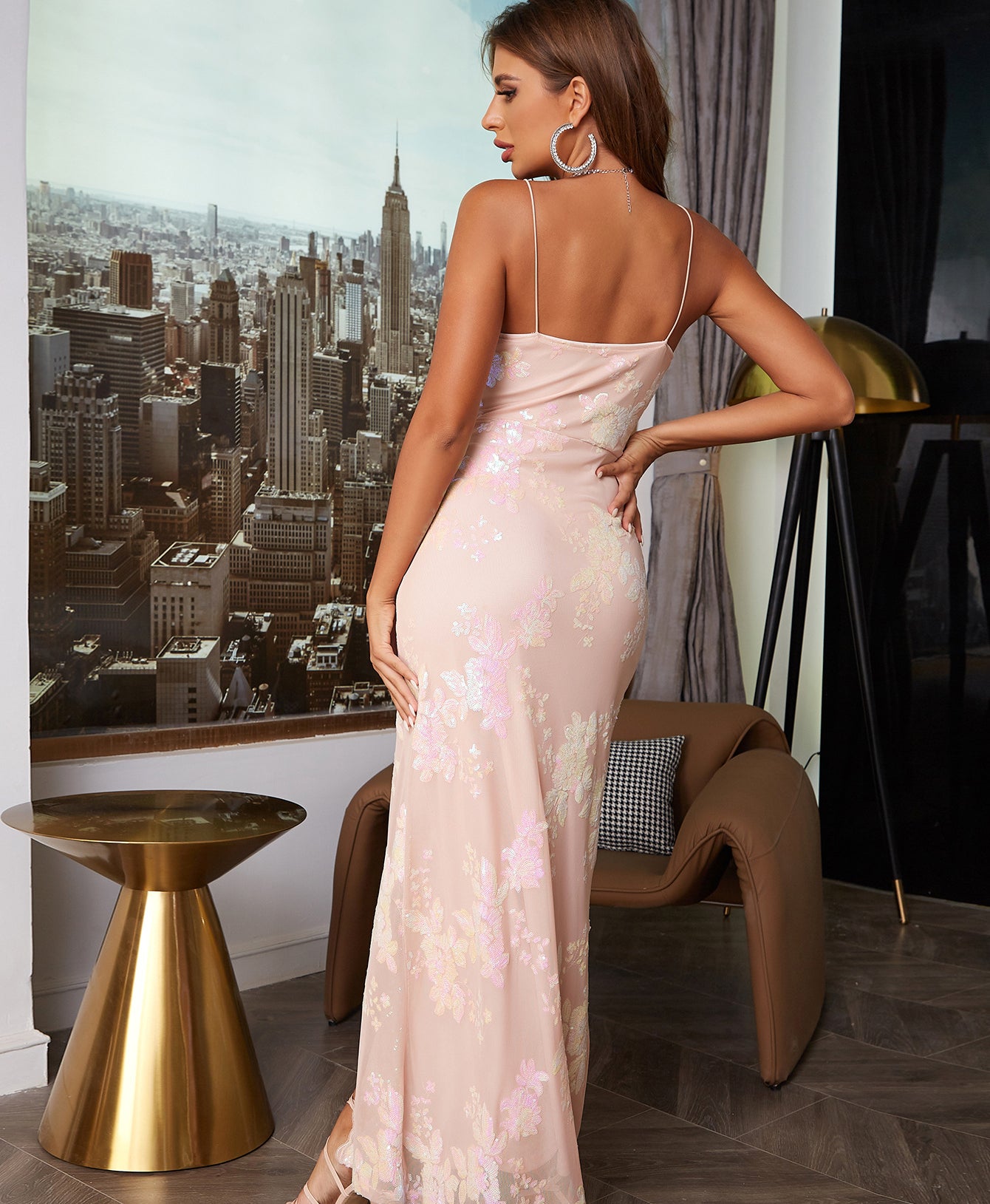 Sequin Evening Dress Slit Skirt Wrap Hip Sexy Beaded Embroidered Cross Slit Backless Halter Slim Dress