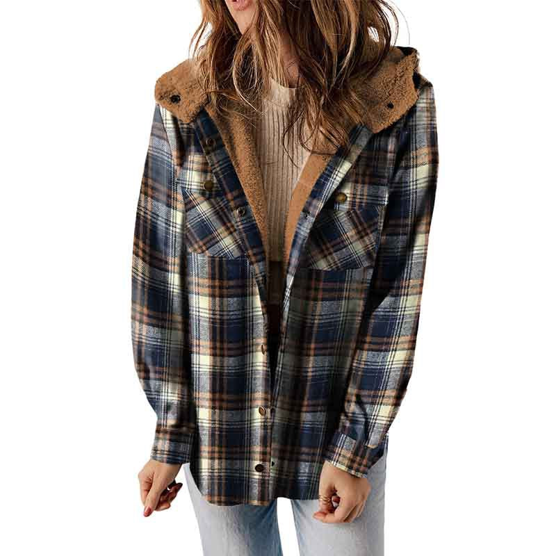 Winter New Casual Plaid Hooded Coat Woman Thick Plus Fleece Warm Jacket Woman